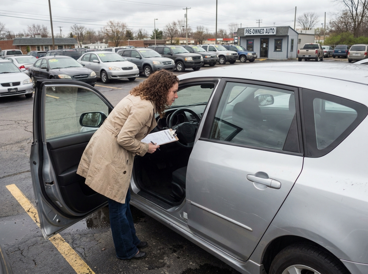 Femme examinant l'intérieur d'une voiture automatique d'occasion dans un lot de revente