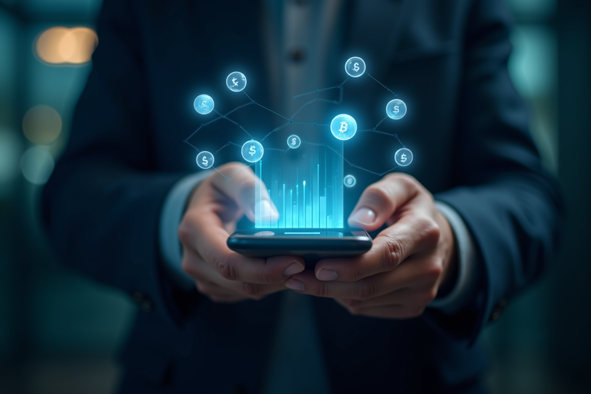Mains utilisant une application financière futuriste avec graphiques holographiques