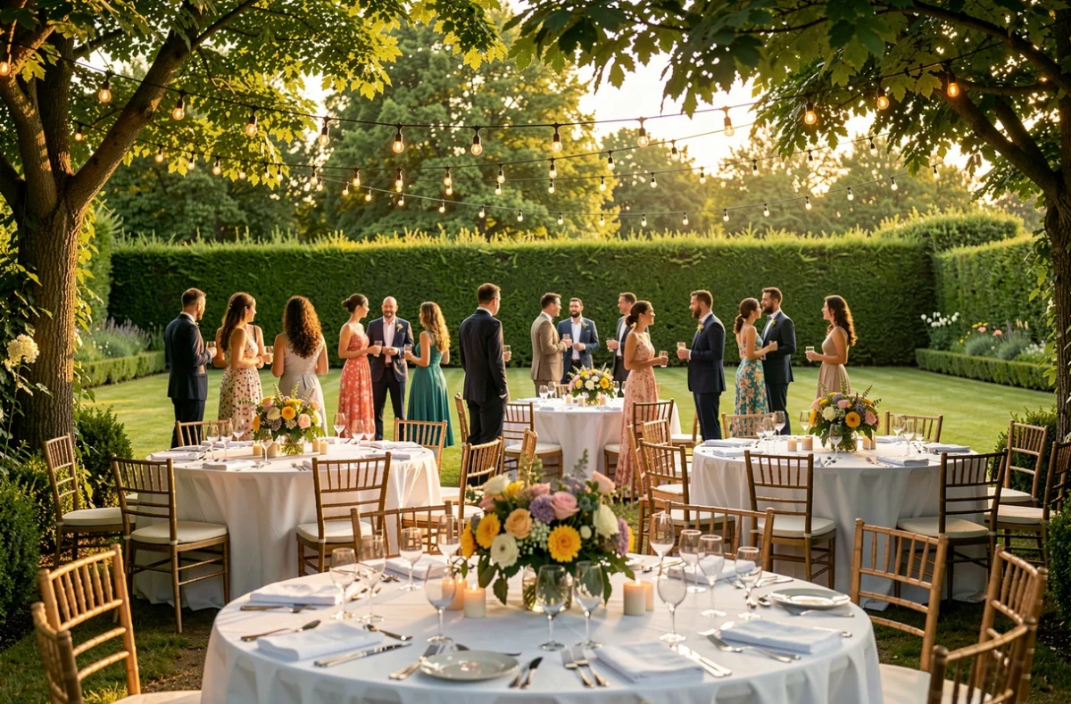 Réception en plein air aux Jardins d'Éragny dans le Val-d'Oise avec tables fleuries, guirlandes lumineuses et jardin paysager