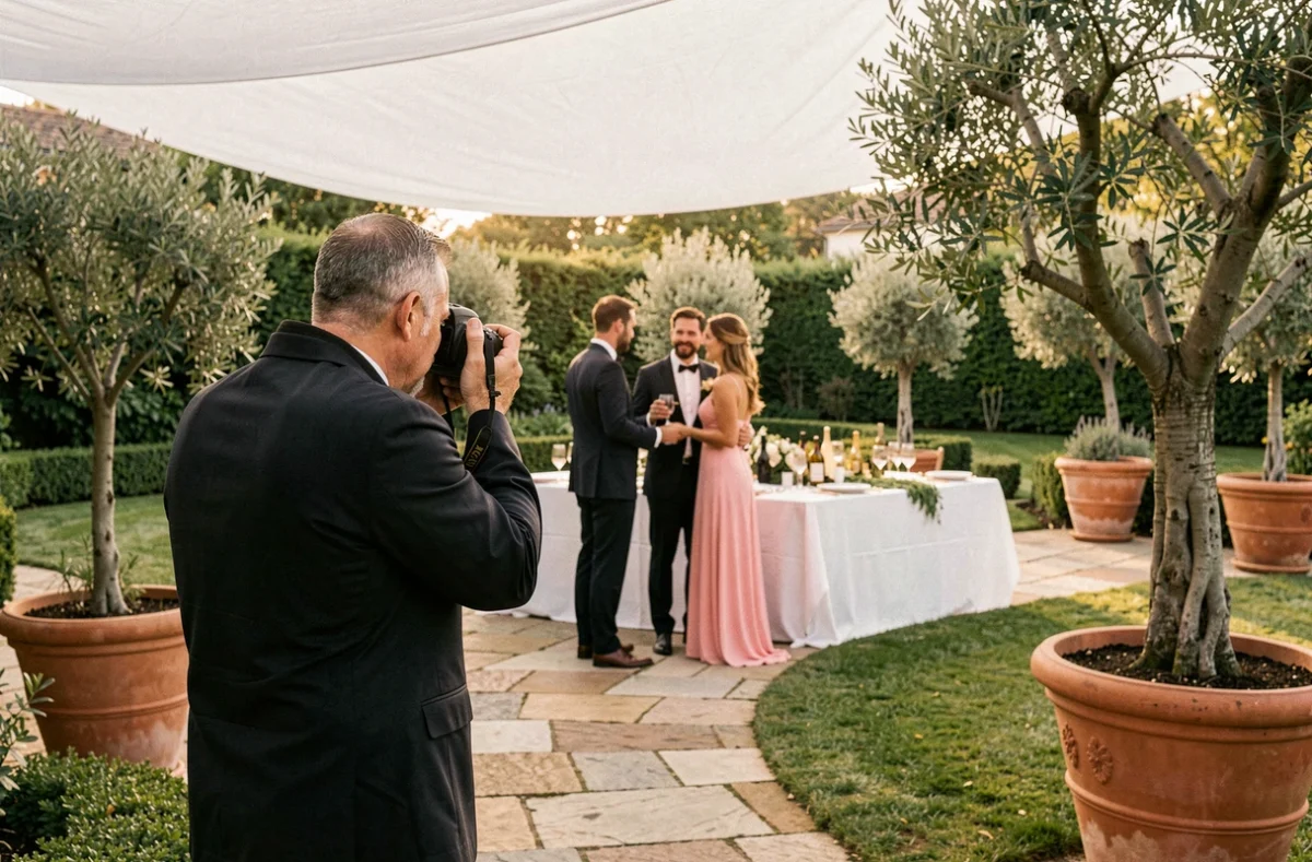 Jardin des Colombes à Herblay avec photographe professionnel et couple en tenue de cérémonie dans un cadre de jardin élégant