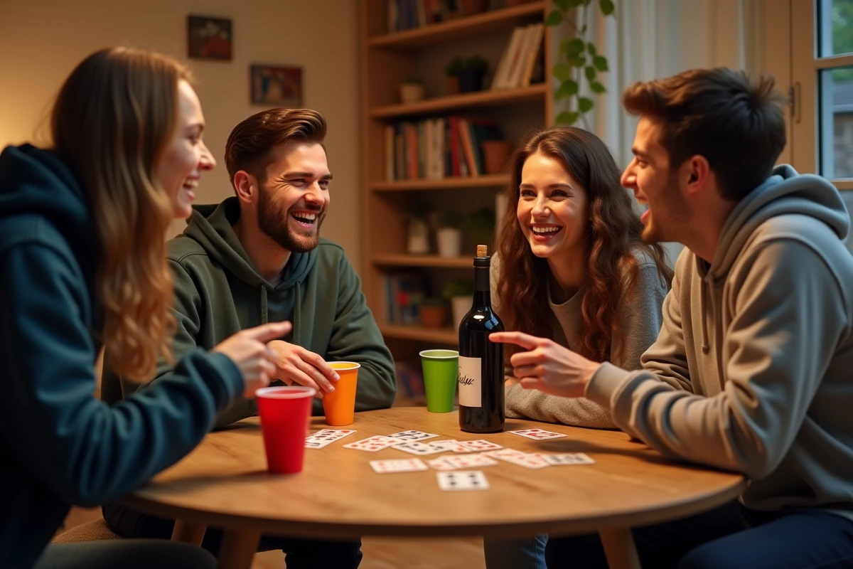 Groupe de jeunes adultes jouant à un jeu de cartes d'alcool autour d'une table en bois dans un appartement convivial