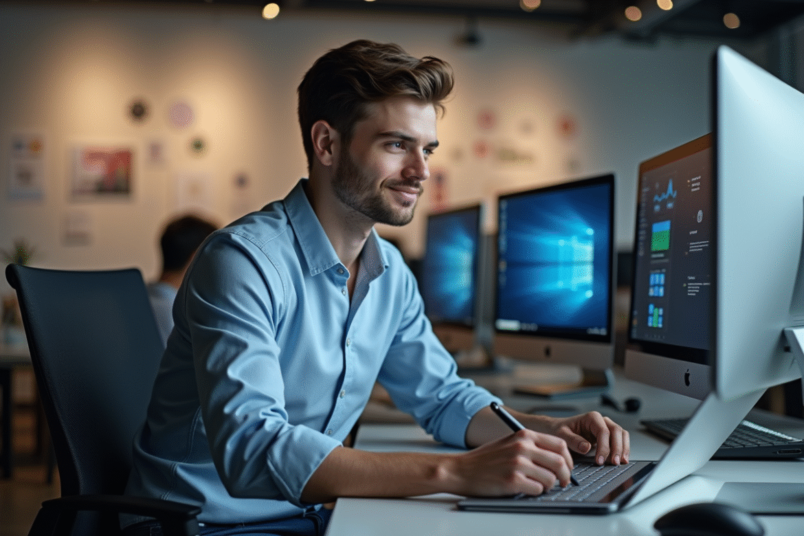 Jeune designer interface au bureau moderne et lumineux