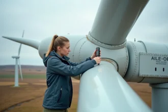 Jeune ingénieure vérifiant une pale d’éolienne en plein air