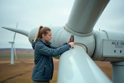 Jeune ingénieure vérifiant une pale d’éolienne en plein air