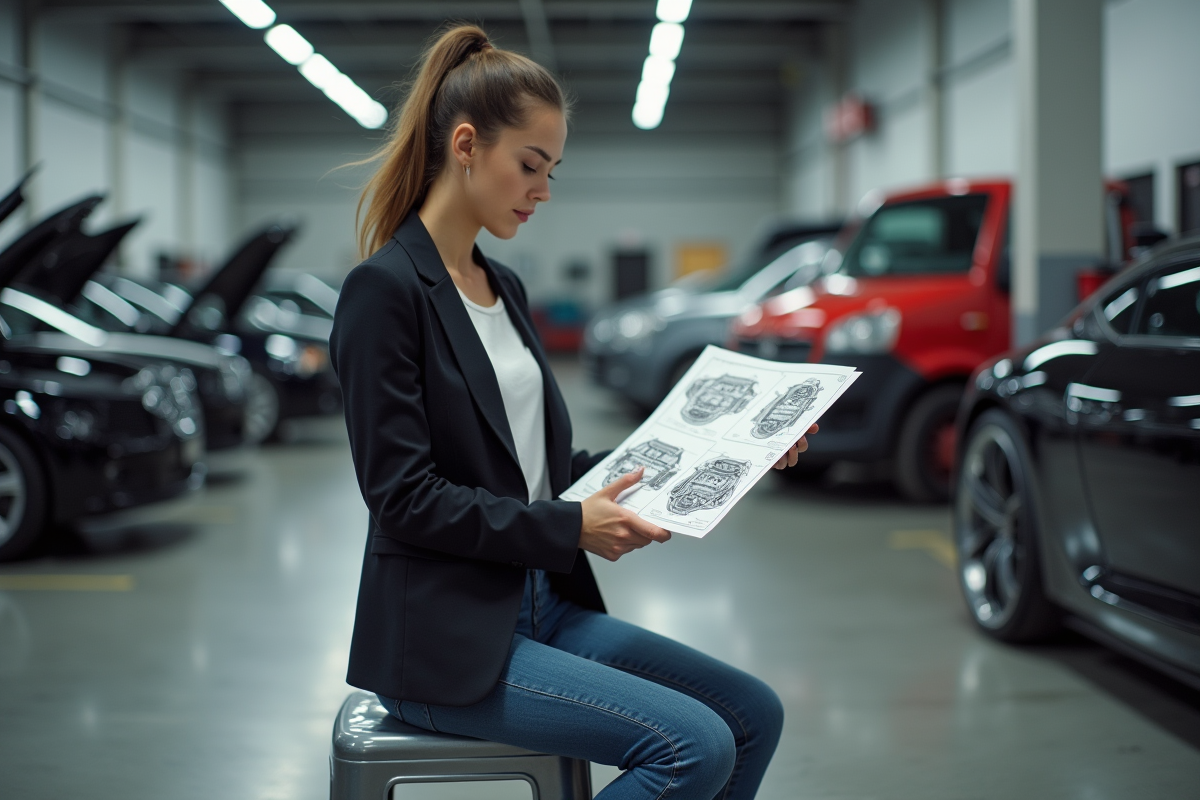 Jeune femme compare diagrammes de moteurs dans un garage