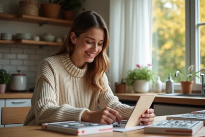 Jeune femme souriante avec kit de diamant peinture à la maison