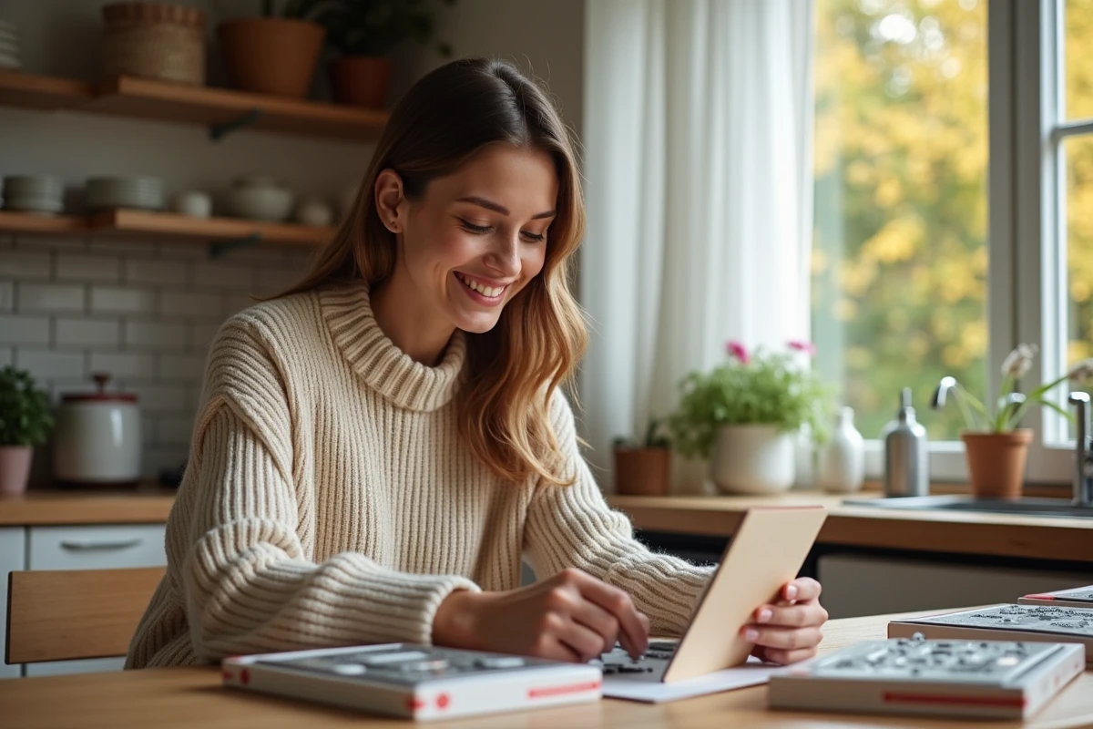 Jeune femme souriante avec kit de diamant peinture à la maison