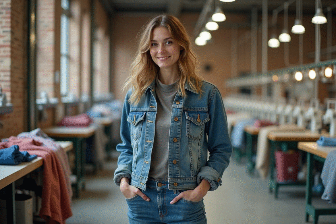 Jeune femme en denim recyclé dans un atelier textile écologique