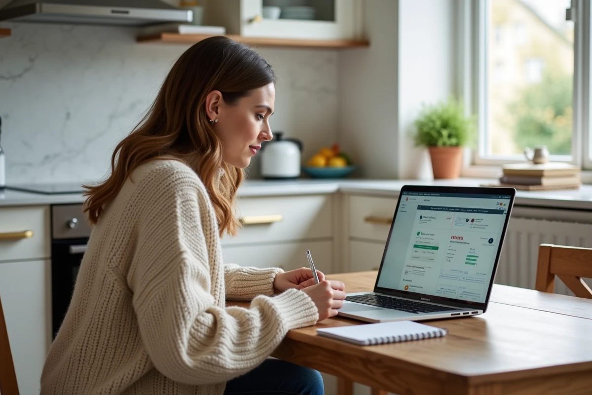 Jeune femme concentrée prenant des notes avec son ordinateur portable