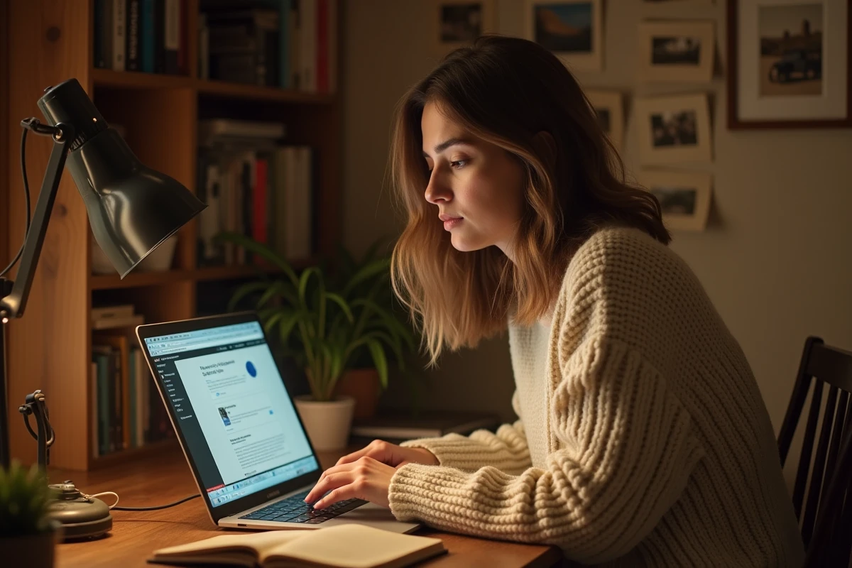 Jeune femme nostalgique consultant d'anciens articles de Skyblog sur un ordinateur portable vintage dans un bureau chaleureux