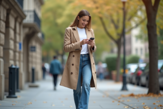 Jeune femme élégante en trench beige dans une ville
