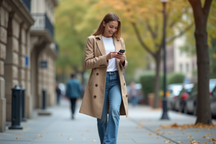 Jeune femme élégante en trench beige dans une ville