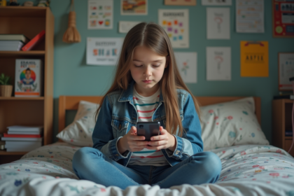 Jeune fille de 15 ans pensant avec son smartphone dans sa chambre