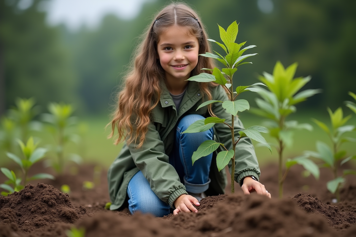 Jeune fille plante un jeune arbre dans une zone de reforestation