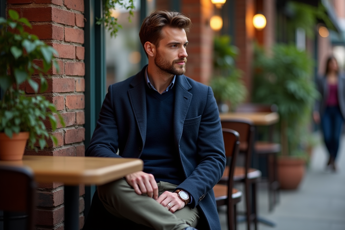 Jeune homme en manteau bleu dans un café chic