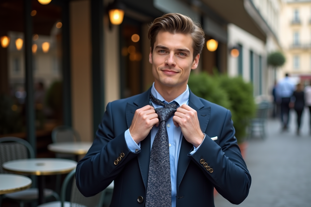 Jeune homme en blazer nouant une cravate en soie dans un café parisien