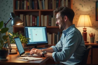 Jeune homme jouant à un jeu de mots en ligne dans un bureau cosy