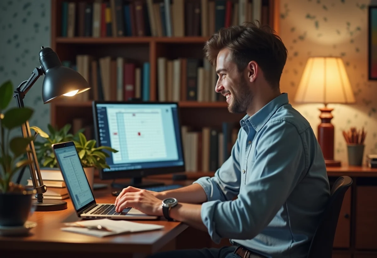 Jeune homme jouant à un jeu de mots en ligne dans un bureau cosy