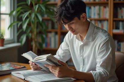 Jeune homme lisant des mangas dans un bureau cosy
