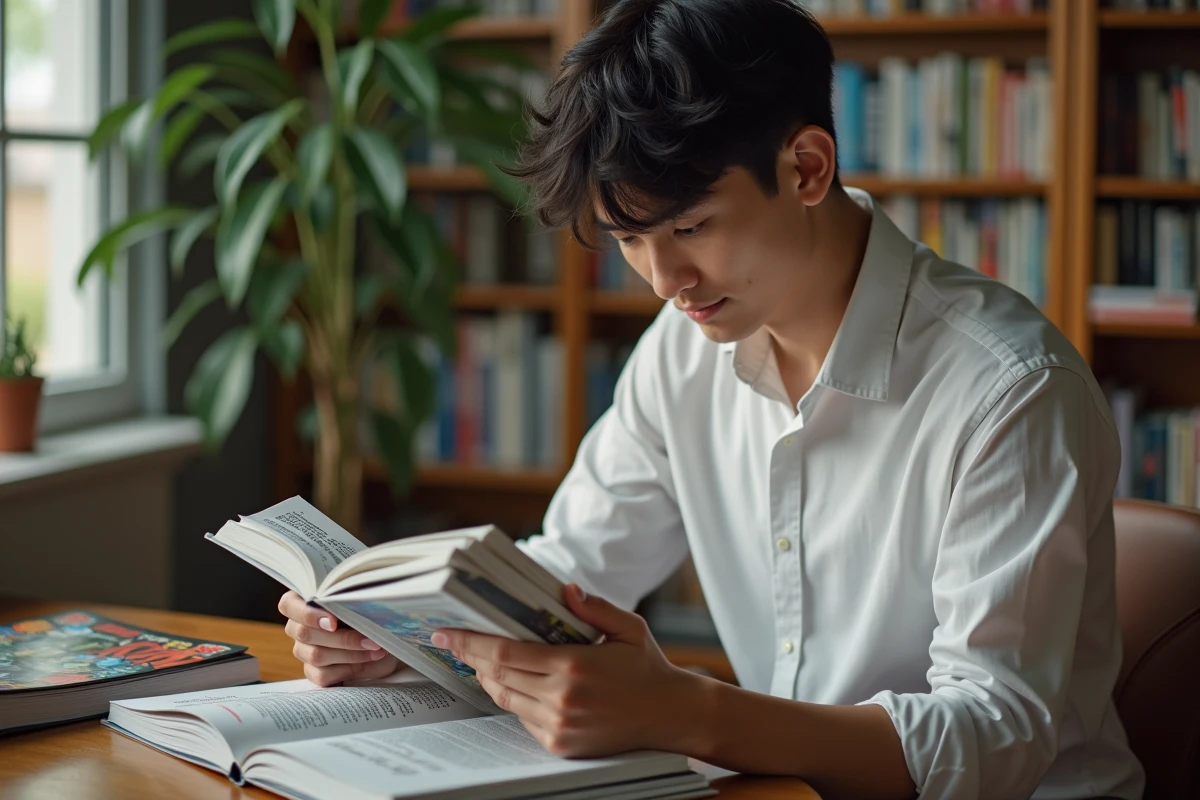 Jeune homme lisant des mangas dans un bureau cosy