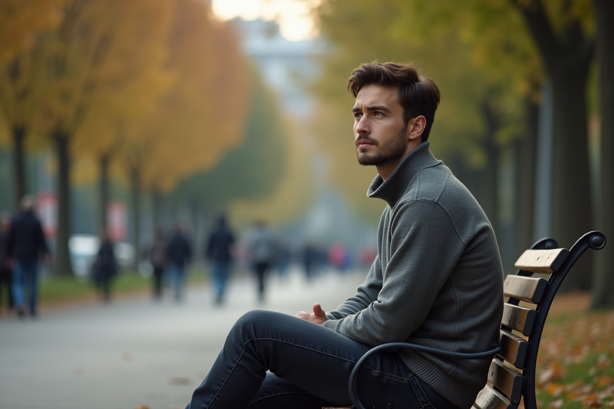 Jeune homme assis seul sur un banc de parc