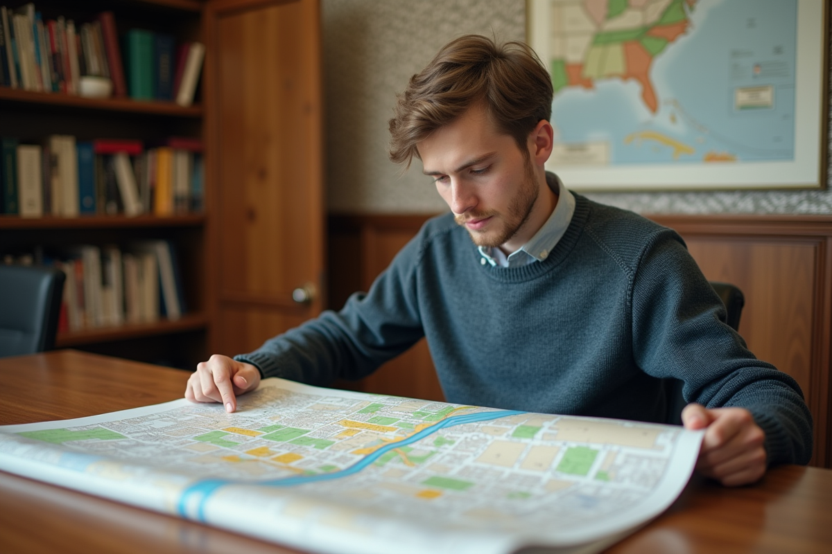 Jeune homme étudie une carte d urbanisme dans une salle