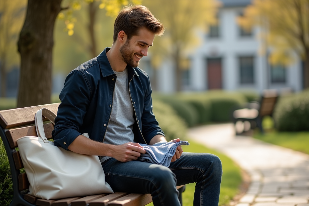 Jeune homme pliant ses vêtements dans un parc urbain