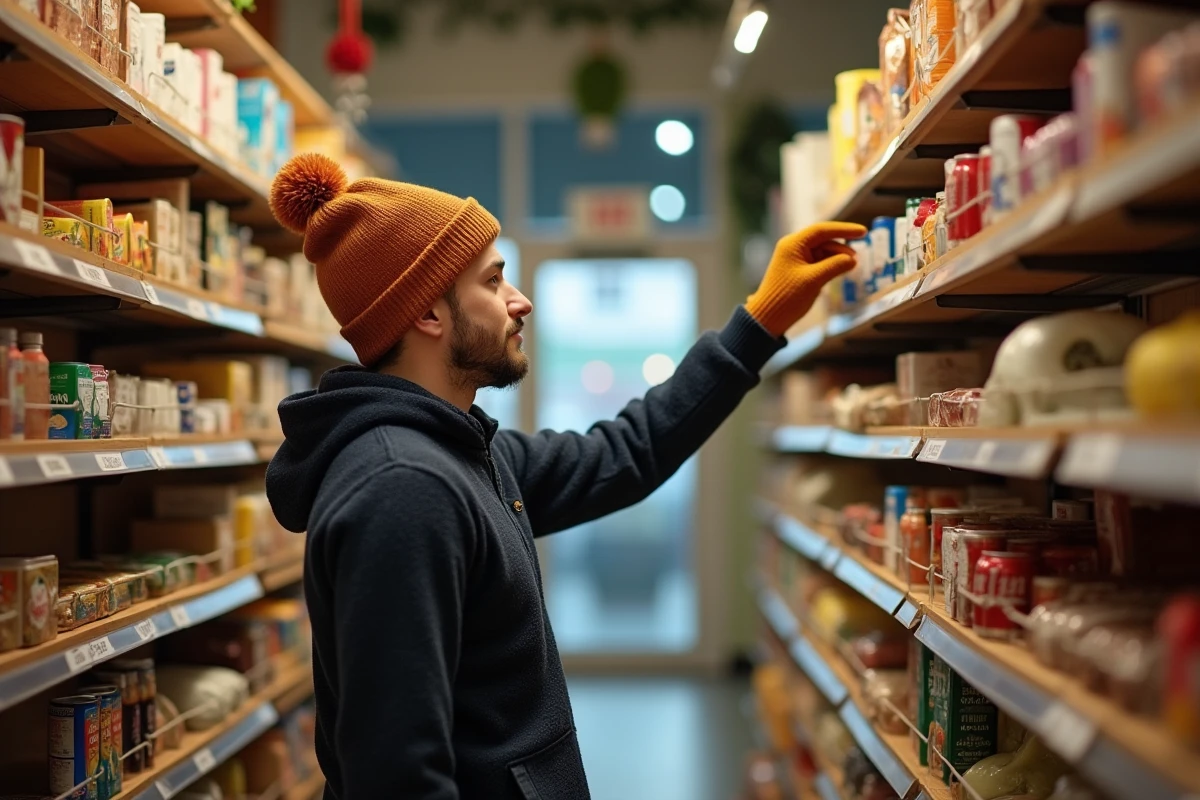 Jeune homme en pull et bonnet atteignant un produit en rayon
