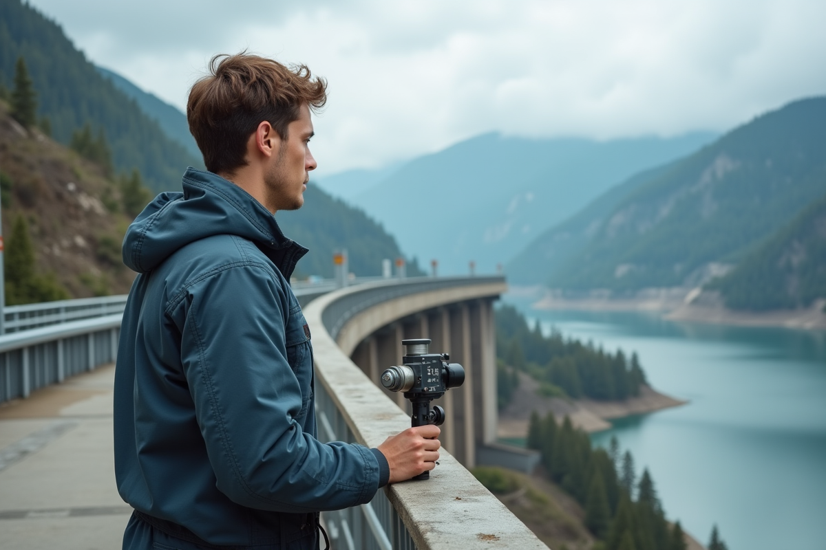 Jeune homme surveillant une turbine hydroelectrique en extérieur