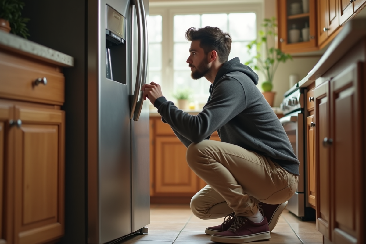 Jeune homme vérifiant le thermostat de son réfrigérateur dans la cuisine