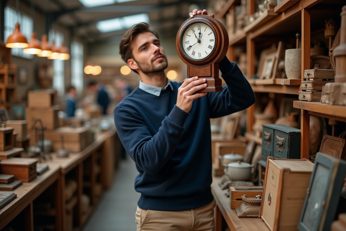 Jeune homme examinant une horloge vintage dans une brocante