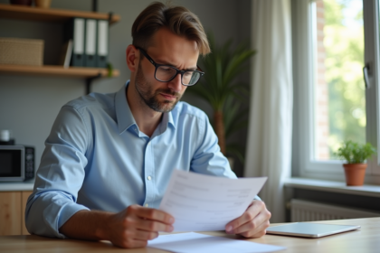 Jeune travailleur français examine sa fiche de paie à son bureau