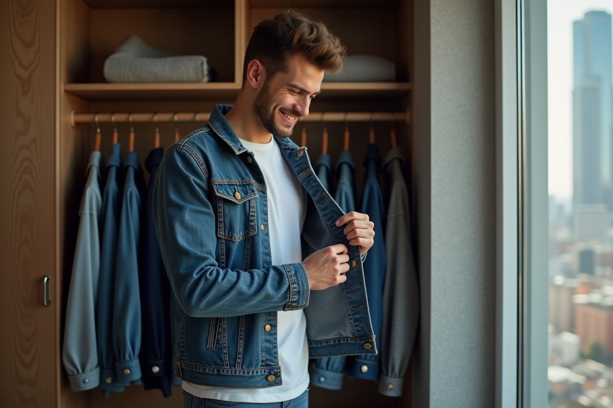 Jeune homme vérifie la veste en jean dans sa chambre