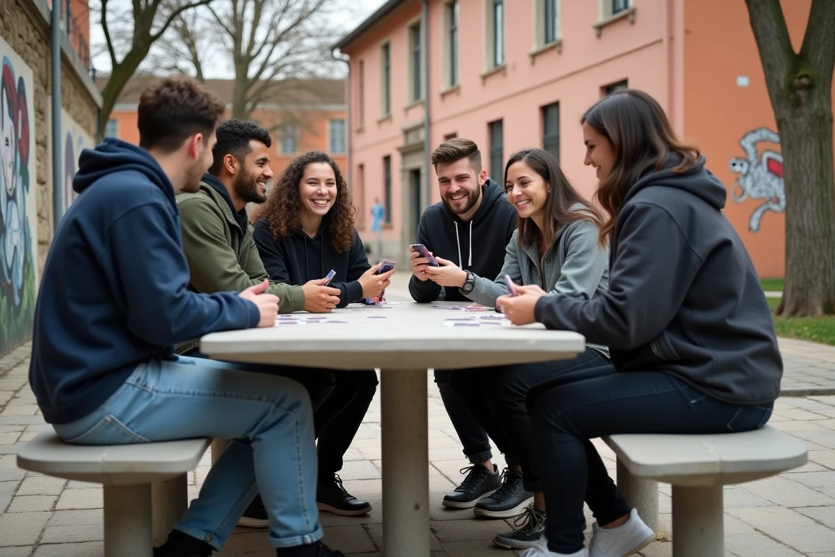 Groupe de jeunes adultes multiculturaux jouant aux cartes dans une place publique d'un quartier de Toulouse avec des fresques murales et des immeubles en brique rose