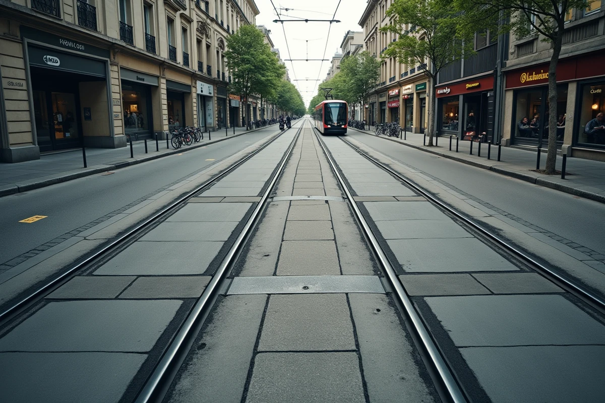 Jonction de voies ferrées du tramway à Bordeaux montrant la convergence des lignes E et F sur un boulevard urbain
