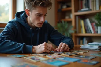 Joueur adulte frustré analysant son deck Pokémon Pocket étalé sur un bureau en bois