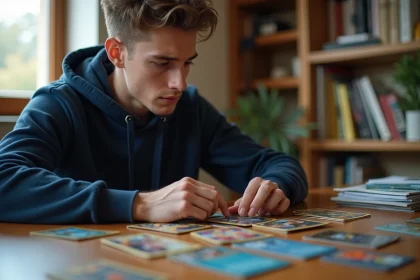 Joueur adulte frustré analysant son deck Pokémon Pocket étalé sur un bureau en bois