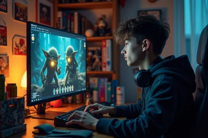 Joueur passionné devant son écran de jeu RPG affichant un personnage gobelin de rang SSS, dans une chambre de gamer entourée de mangas et figurines