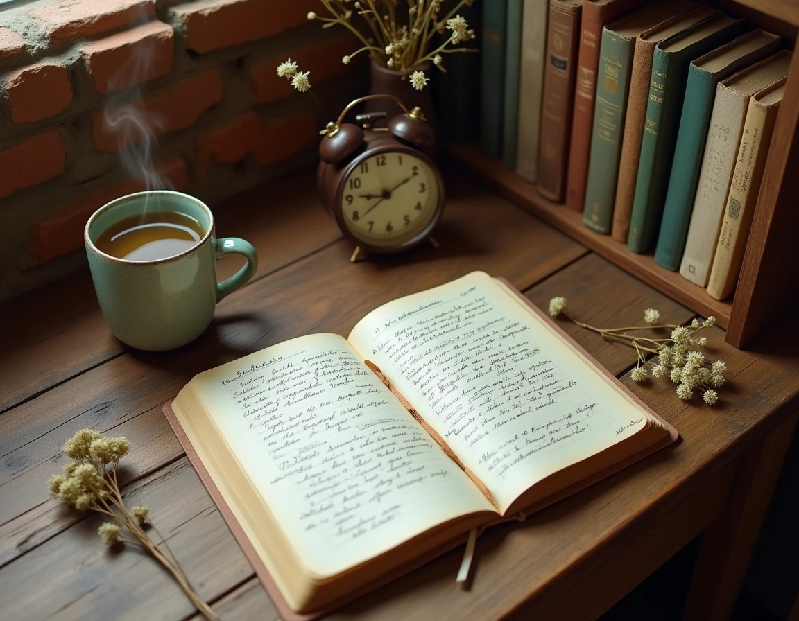 Journal ouvert avec notes sur l'éveil spirituel, horloge affichant 11h22 et tasse de thé sur bureau en bois rustique