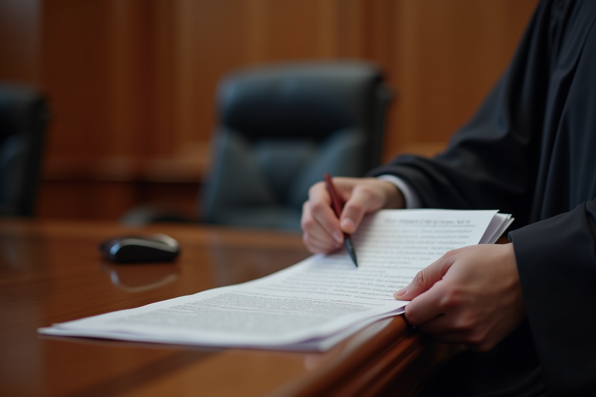 Mains de juge tenant un document juridique détaillé