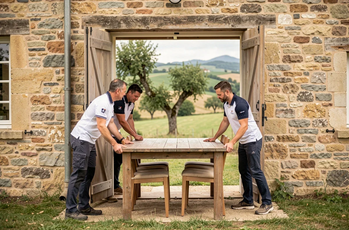 L'équipe Julliard Déménagements manœuvrant une table en bois à travers les portes d'une ferme en pierre en Rhône-Alpes