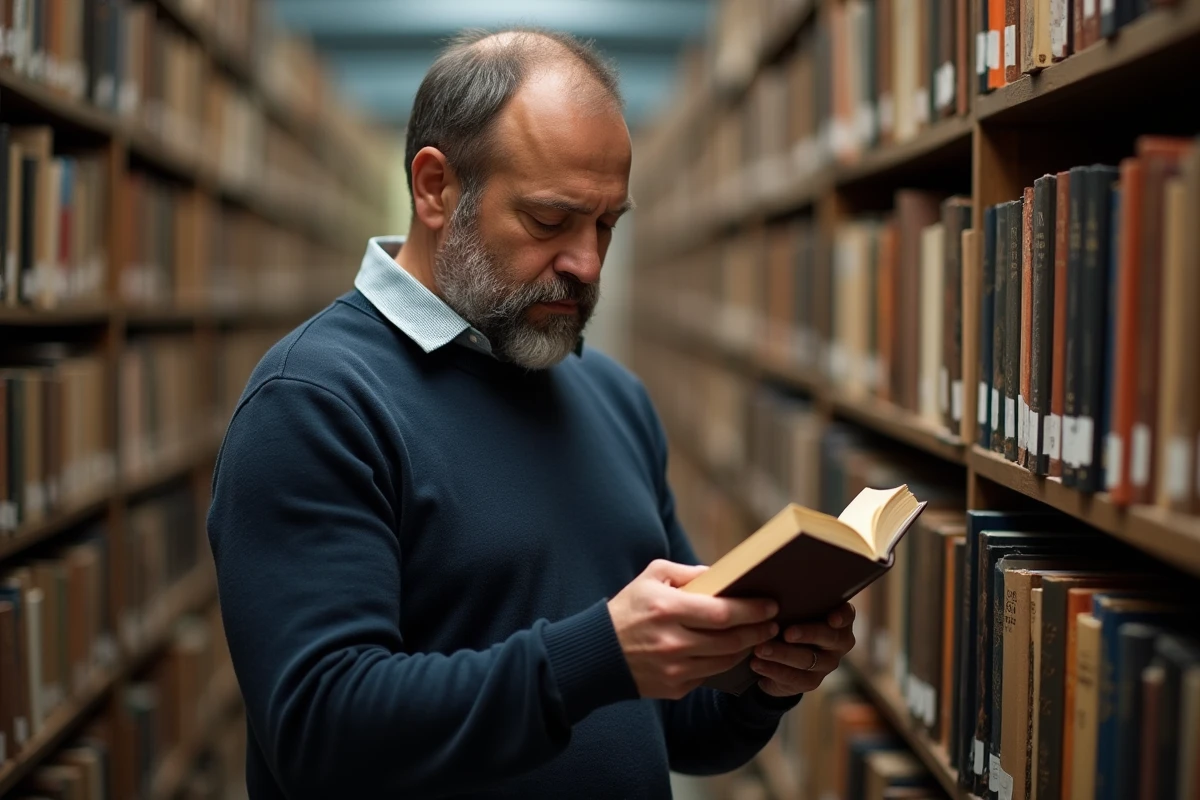 Homme lisant la quatrième de couverture d'un livre dans une librairie entre les rayonnages