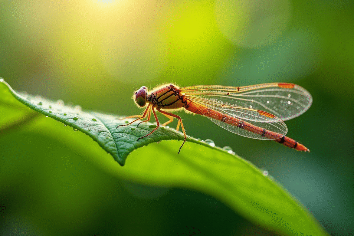 Gros plan d'une libellule couverte de gouttes sur une feuille verte