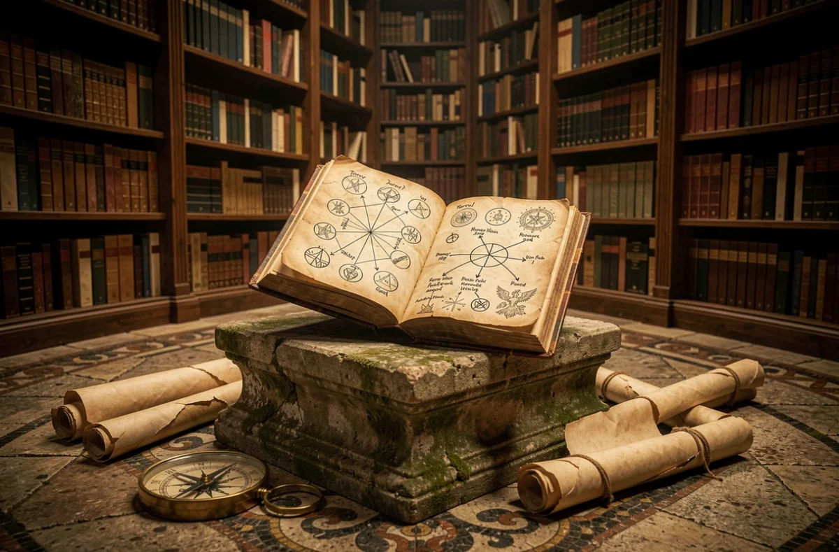 Ancien livre ouvert sur un piédestal de pierre dans une bibliothèque mystérieuse représentant les secrets et la généalogie divine liés à Saint Garling Figarland dans One Piece