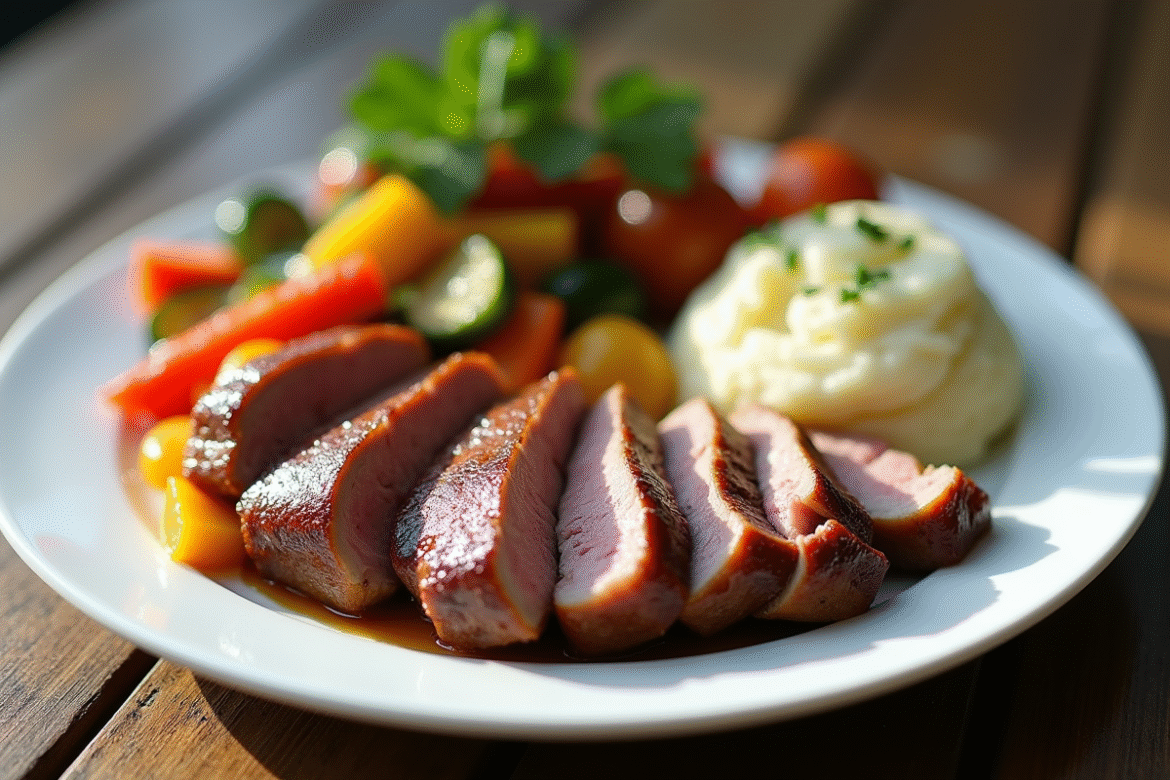 Magret de canard tranché servi avec légumes rôtis