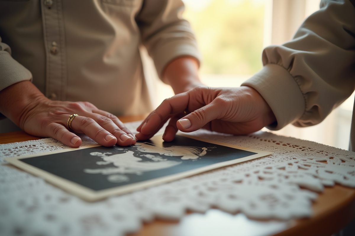 Mains de seniors touchant une photo de mariage ancienne