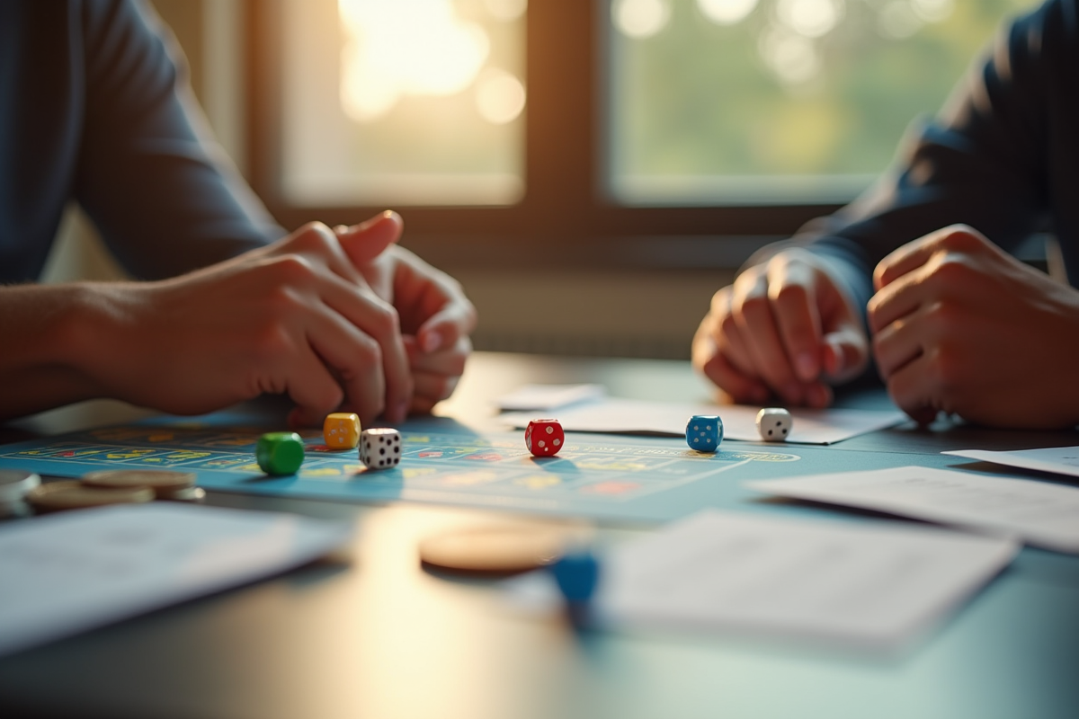 Mains lançant des dés colorés pour le jeu 421 sur une table moderne