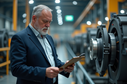 Manager industriel examinant un plan dans une usine moderne