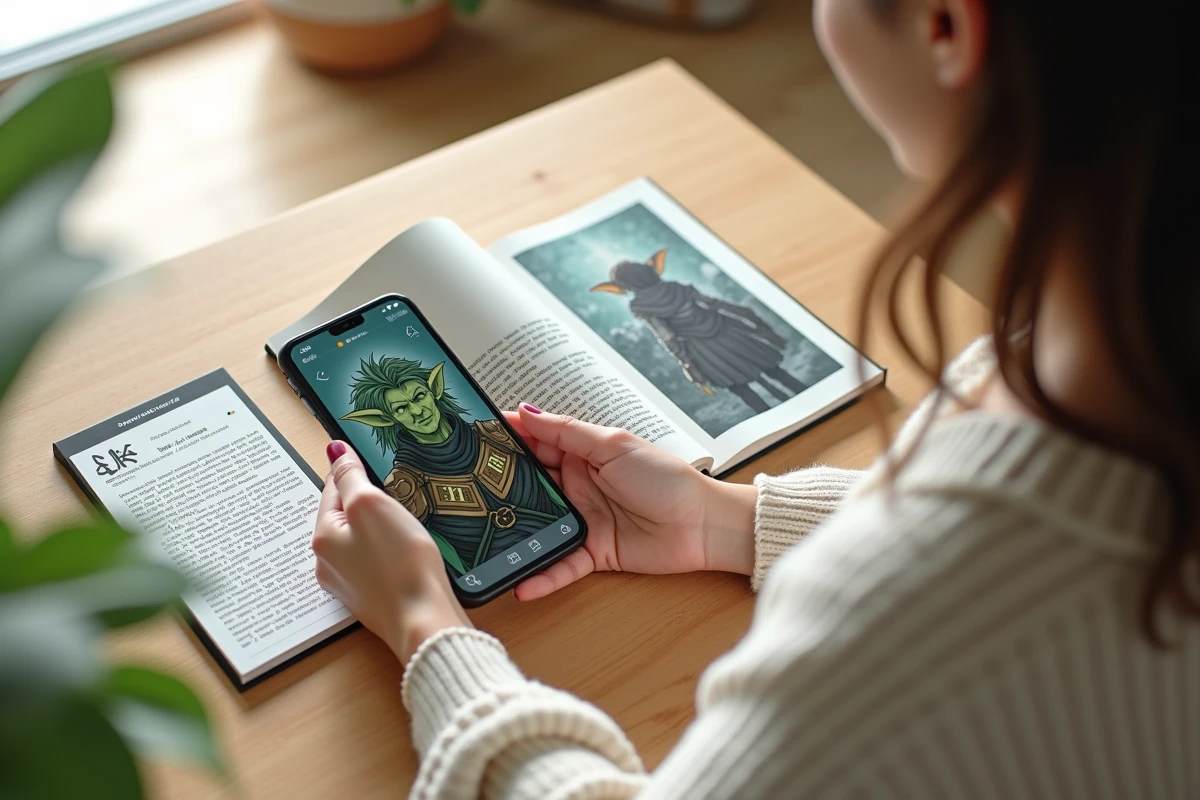 Mains tenant un manga isekai avec un gobelin protagoniste sur fond de table en bois, smartphone affichant un avis de lecture