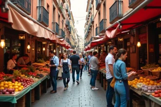 Marché de rue animé dans un quartier populaire de Toulouse avec des habitants et des commerçants devant une architecture en briques roses